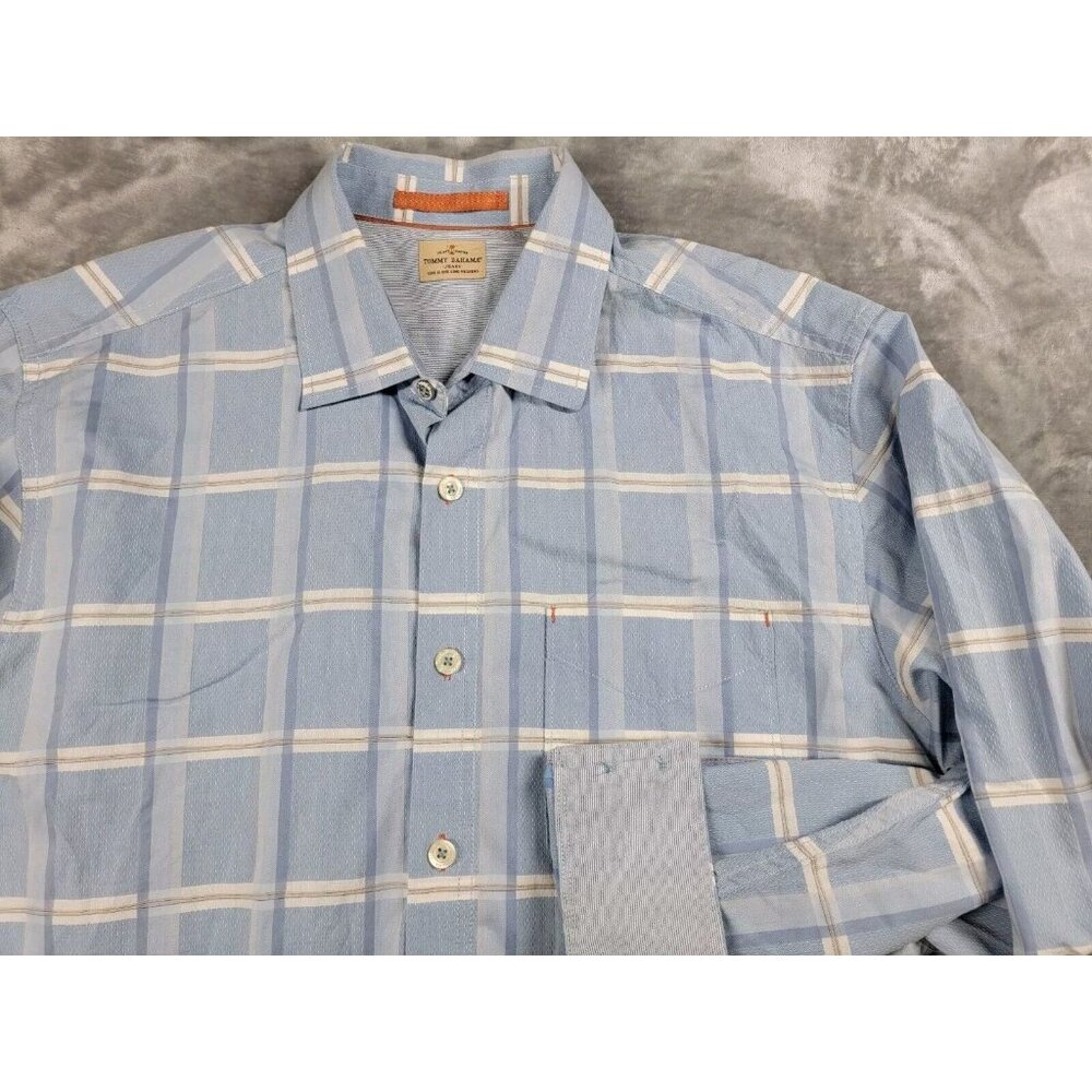 Tommy Bahama Jeans button Shirt Mens Large textured‎ Blue Plaid Flip Cuff